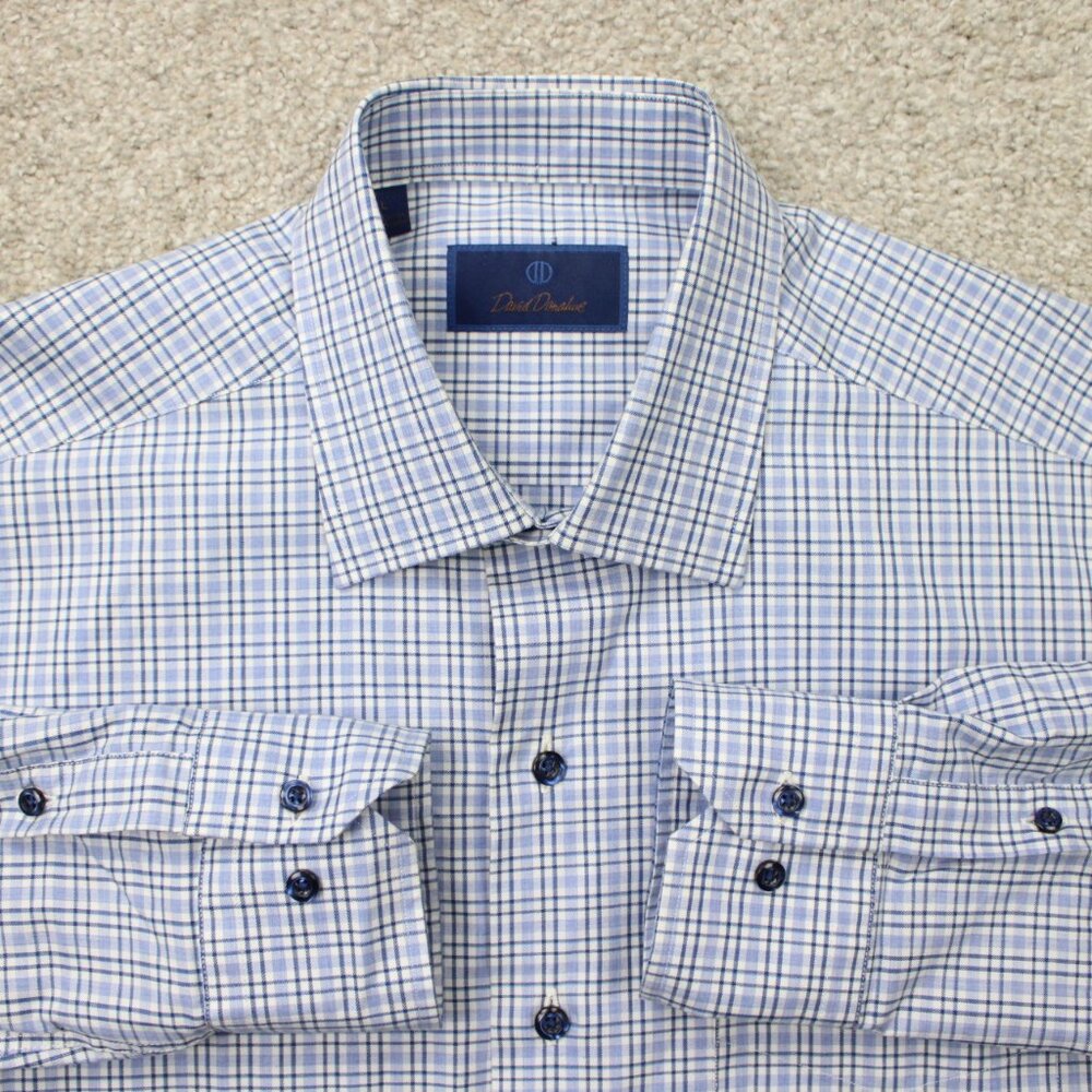 David Donahue Shirt Mens Large‎ Blue Plaid 100% Cotton Long Sleeve Button Up